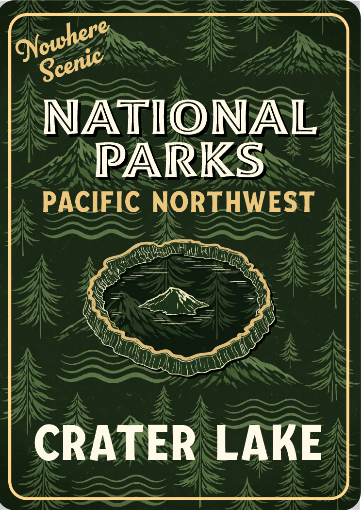 Decorative sign for Crater Lake National Park in the Pacific Northwest with nature-themed design.